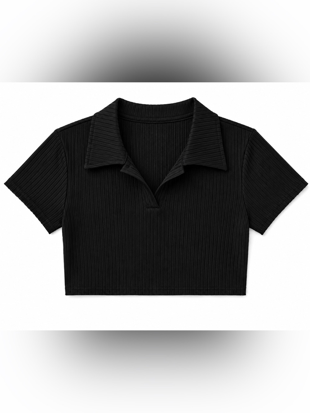 BLACK SHORT SLEEVE RIBBED CROP TOP WITH COLLAR